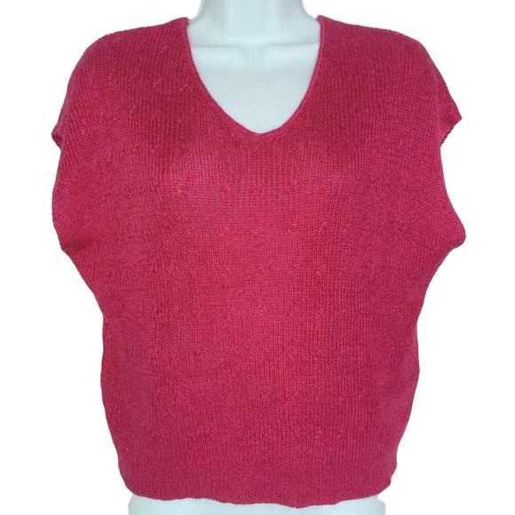 Evan Picone Short Sleeve Sweater Top Sz L Stretchy Pink Ramie Rayon Knit V-Neck - Picture 1 of 7